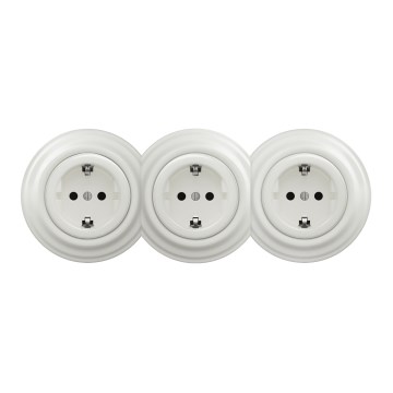 Kliklap - trīskārša retro mājas rozete ar rāmi SCHUKO 230V keramiska balta