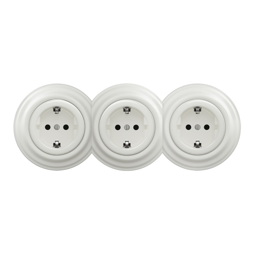 Kliklap - trīskārša retro sadzīves kontaktligzda ar SCHUKO rāmi 230V balta
