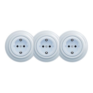 Kliklap - Trīsvietīga retro sienas rozete ar SCHUKO rāmi, 230 V, zila