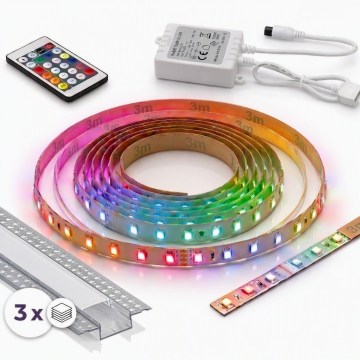 Komplekts 1x dimējama LED RGBW lente DIGITAL LED/9,6W/230V 3 m + 3x iebūvējamie profili 1 m sudraba/balta + tālvadības pults