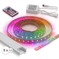 Komplekts 1x dimmējama RGBW DIGITAL LED sloksne 16,5W/230V 5 m + 5x iebūvējamie profili 1 m, sudraba/balti + tālvadības pults