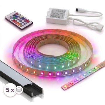 KOMPLEKTS 1x LED RGBW aptumšojama lente DIGITAL LED/16,5W/230V 5 m + 5x iebūvējamais profils 1 m melns/balts + tālvadība