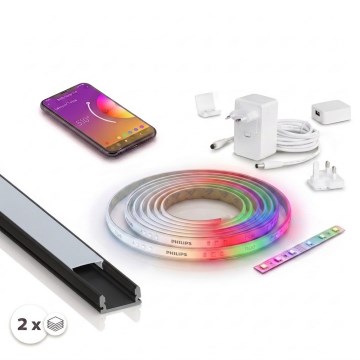 Komplekts: 1x LED RGBW dimmējamā gaismas lente Philips Hue WHITE AND COLOR AMBIANCE LED/20W/230V, 2 m + 2x iebūvējamais profils, 1 m, melns/balts