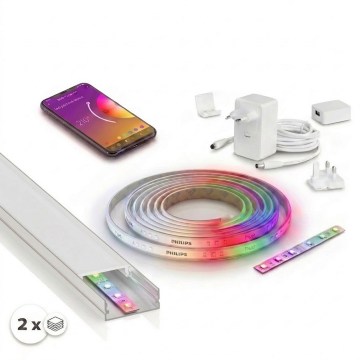Komplekts 1x LED RGBW regulējama lente Philips Hue WHITE AND COLOR AMBIANCE LED/20W/230V 2 m + 2x iebūvējamie profili 1 m sudraba/balts