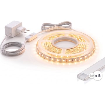 Komplekts: 1x LED sloksne MYLIVING LIGHTSTRIP LED/22W/230V, 5 m + 5x iebūvējami profili, 1 m, sudraba/balta