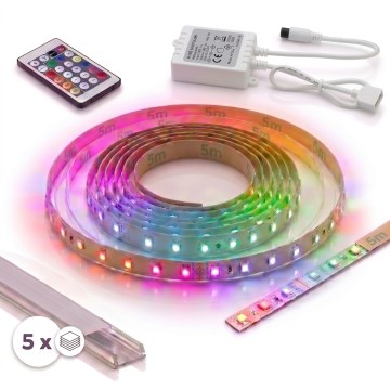 Komplekts 1x regulējama RGBW LED sloksne DIGITAL LED/16,5W/230V 5 m + 5x iebūvējami profili 1 m, sudraba/balti + tālvadības pults