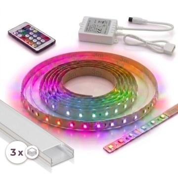Komplekts: 1x RGBW LED lente, aptumšojama (DIGITAL LED/9,6W/230V), 3 m + 3x iebūvējams profils 1 m (sudraba/balts) + tālvadības pults
