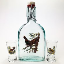 KOMPLEKTS 1x stikla pudele un 2x glāzīte caurspīdīga ar dzīvnieku motīvu