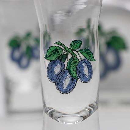 Komplekts  1x stikla pudele un 2x glāzīte caurspīdīga ar plūmju motīvu