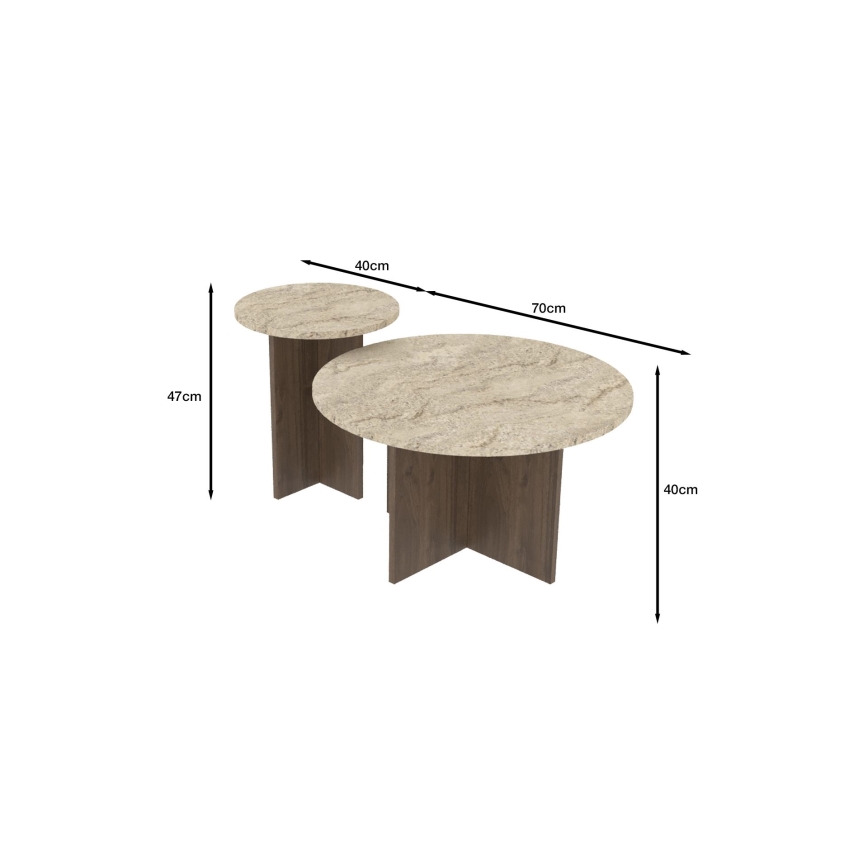 Komplekts 2 gab. kafijas galdiņi PURO Ø 40/70 cm valrieksts/travertīns