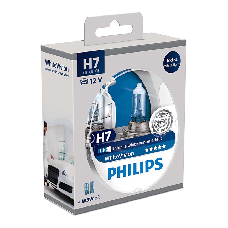 KOMPLEKTS 2x Auto spuldze Philips WHITEVISION 12972WHVSM H7 PX26d/55W/12V 3700K + 2 pozīciju spuldzes