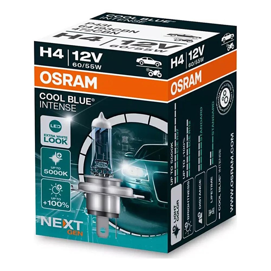 KOMPLEKTS 2x Auto spuldzes COOL ZILA H4 P43t/60/55W/12V 5000K - Osram