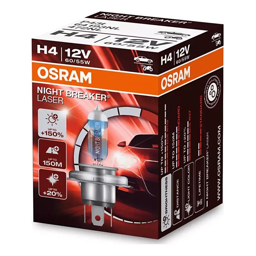 KOMPLEKTS 2x Auto spuldzes NIGHT BREAKER H4 P43t/60/55W/12V 3900K - Osram
