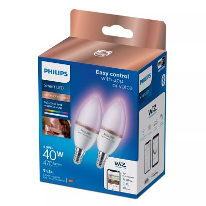 Komplekts 2x LED RGB aptumšojamas spuldzes Philips SMART C37 E14/4,9W/230V 2200-6500K CRI 90