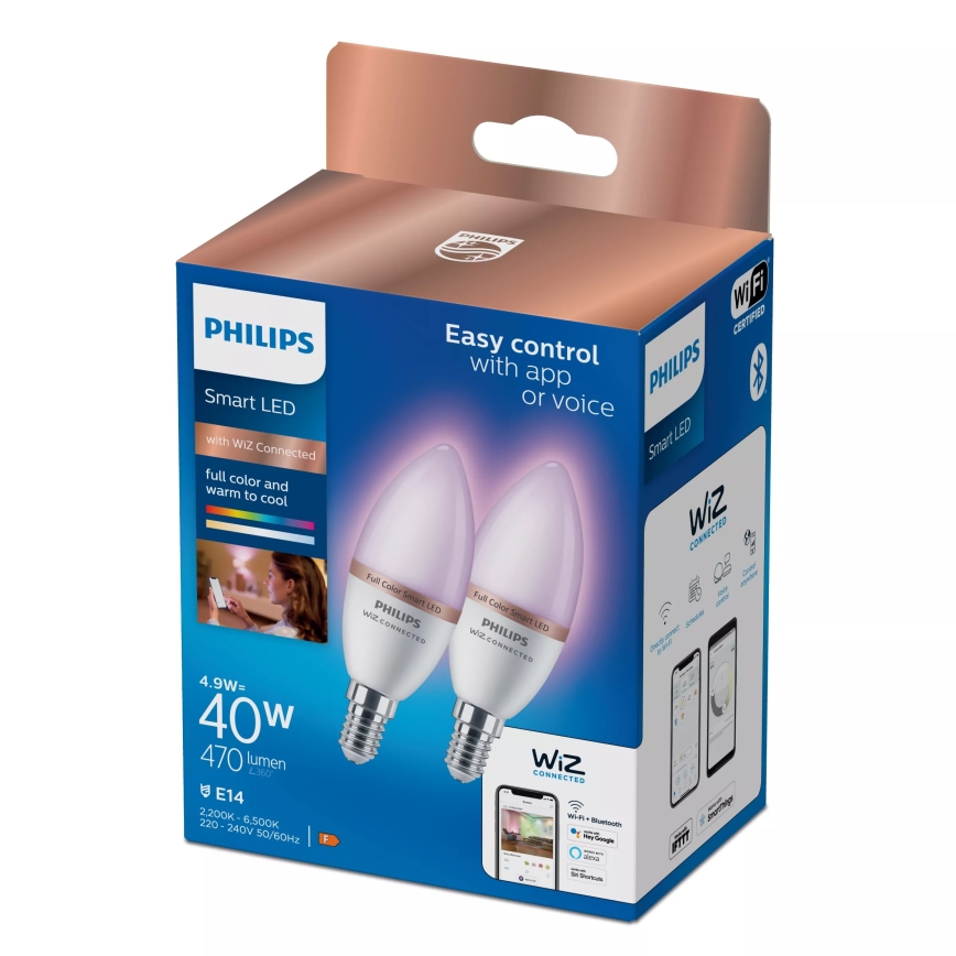 Komplekts 2x LED RGB aptumšojamas spuldzes Philips SMART C37 E14/4,9W/230V 2200-6500K CRI 90