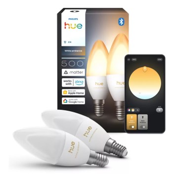 Komplekts 2x dimmējama LED spuldze Philips Hue WHITE AMBIANCE B39 E14/3,7W/230V 1000-20000K