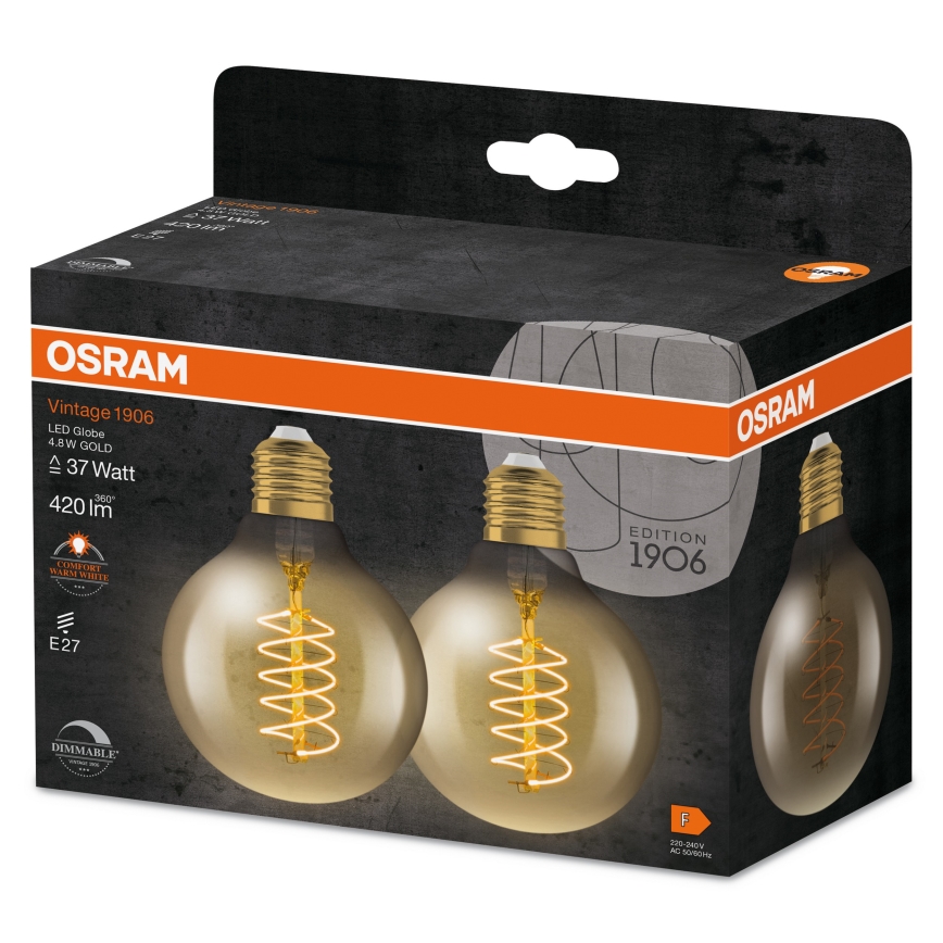 Komplekts 2x dimmējamas LED spuldzes VINTAGE FILAMENT E27/4,8W/230V 2200K - Osram
