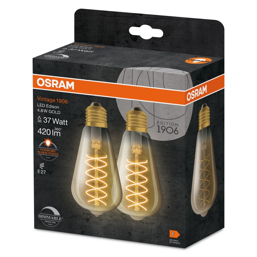 Komplekts 2x dimmējamas LED spuldzes VINTAGE FILAMENT E27/7,8W/230V 1800K - Osram