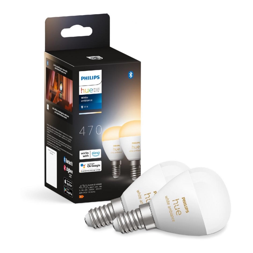 KOMPLEKTS 2x LED Aptumšojama spuldze Philips Hue WHITE AMBIANCE P45 E14/5,1W/230V 2200-6500K