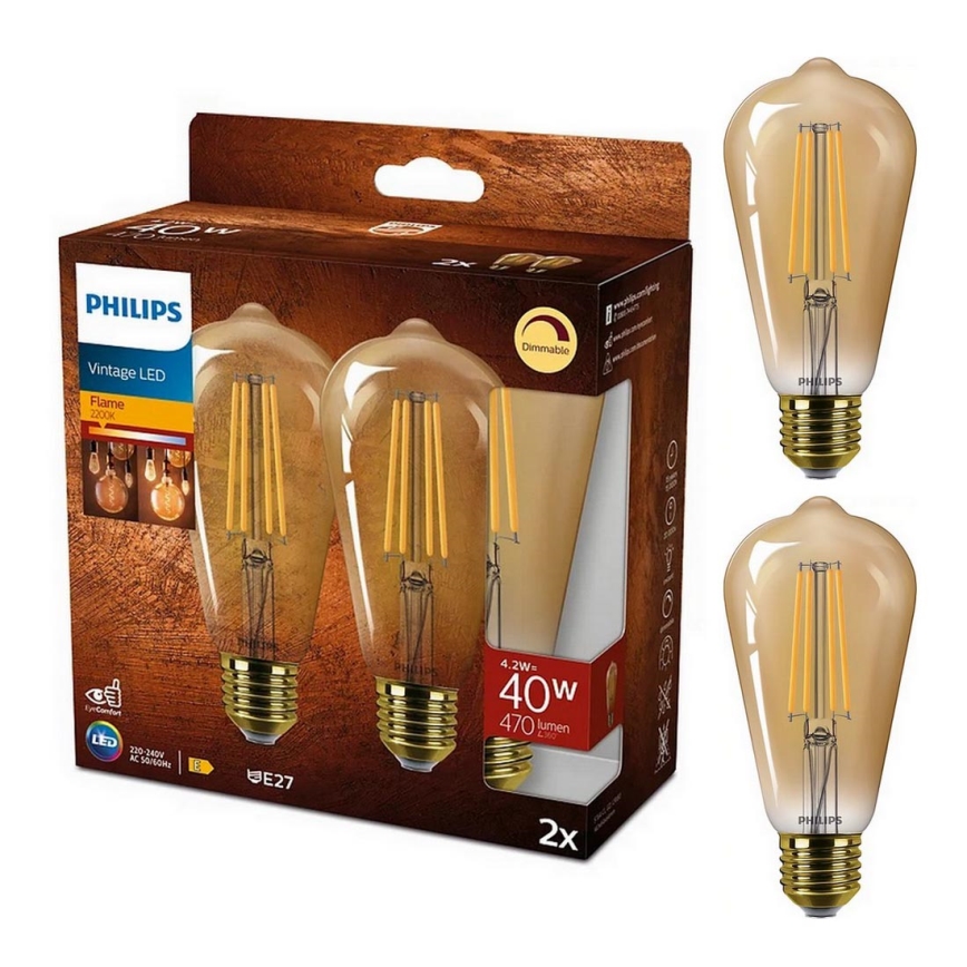 KOMPLEKTS 2x LED Aptumšojama spuldze VINTAGE Philips ST64 E27/4,2W/230V 2200K