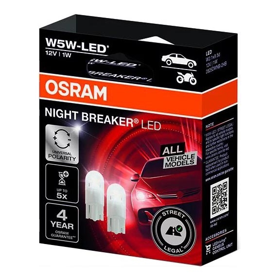 KOMPLEKTS 2x LED Auto spuldzes NIGHT BREAKER W2.1x9.5d/1W/12V 5700K - Osram