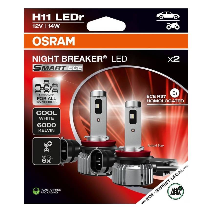 Komplekts: 2x LED automašīnas spuldzes NIGHT BREAKER SMART H11 PGJ19-2/14W/12V 6000K - Osram