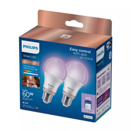 Komplekts 2x LED RGB dimmējama spuldze Philips SMART A60 E27/8,5W/230V 2200-6500K