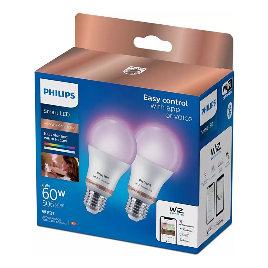 KOMPLEKTS 2x LED RGB Aptumšojama spuldze Philips A60 E27/8W/230V Wi-Fi