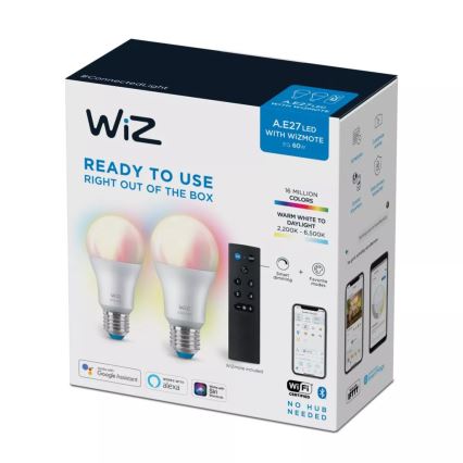 KOMPLEKTS 2x LED RGBW Aptumšojama spuldze A60 E27/8,5W/230V 2200-6500K Wi-Fi + tālvadības pults - WiZ