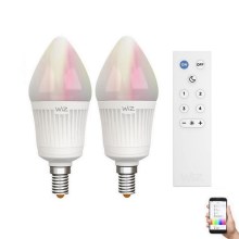 KOMPLEKTS 2x LED RGBW Aptumšojama spuldze CANDLE E14/11,5W/230V 2700–6500K Wi-Fi + tālvadības pults - WiZ