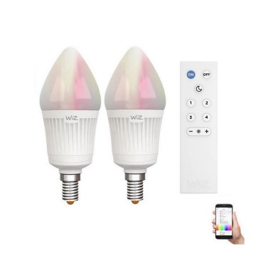 KOMPLEKTS 2x LED RGBW Aptumšojama spuldze CANDLE E14/11,5W/230V 2700–6500K Wi-Fi + tālvadības pults - WiZ