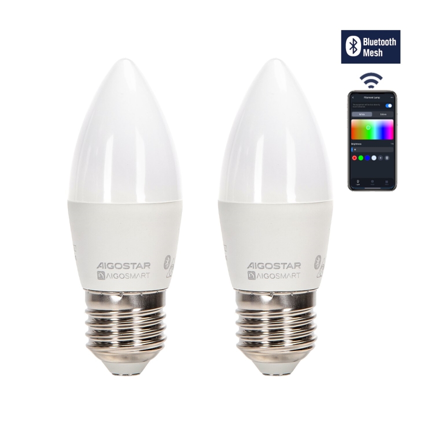 KOMPLEKTS 2x LED RGBW Aptumšojama spuldze MESH Viedā C37 E27/6,5W/230V 2700-6500K + tālvadības pults - Aigostar