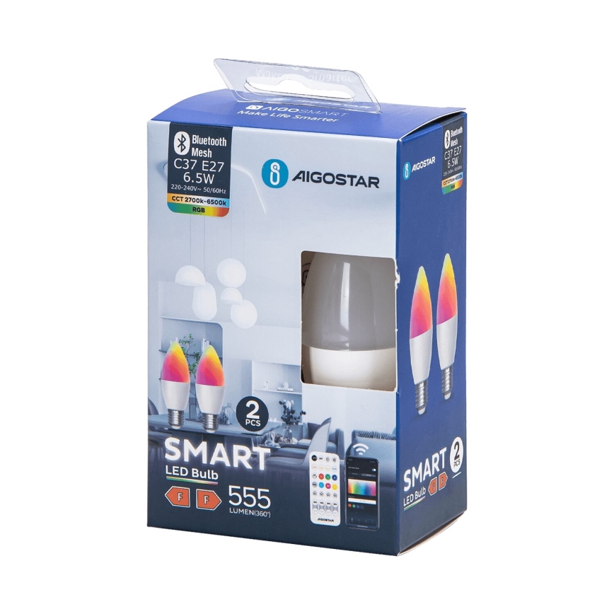 KOMPLEKTS 2x LED RGBW Aptumšojama spuldze MESH Viedā C37 E27/6,5W/230V 2700-6500K + tālvadības pults - Aigostar