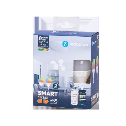 KOMPLEKTS 2x LED RGBW Aptumšojama spuldze MESH Viedā G45 E14/6,5W/230V 2700-6500K - Aigostar