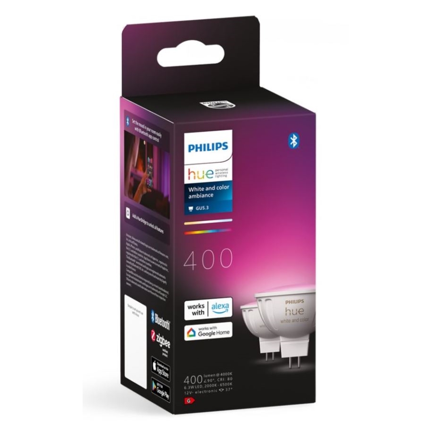 KOMPLEKTS 2x LED RGBW Aptumšojama spuldze Philips Hue White And Color Ambiance GU5,3/MR16/6,3W/12V 2000-6500K