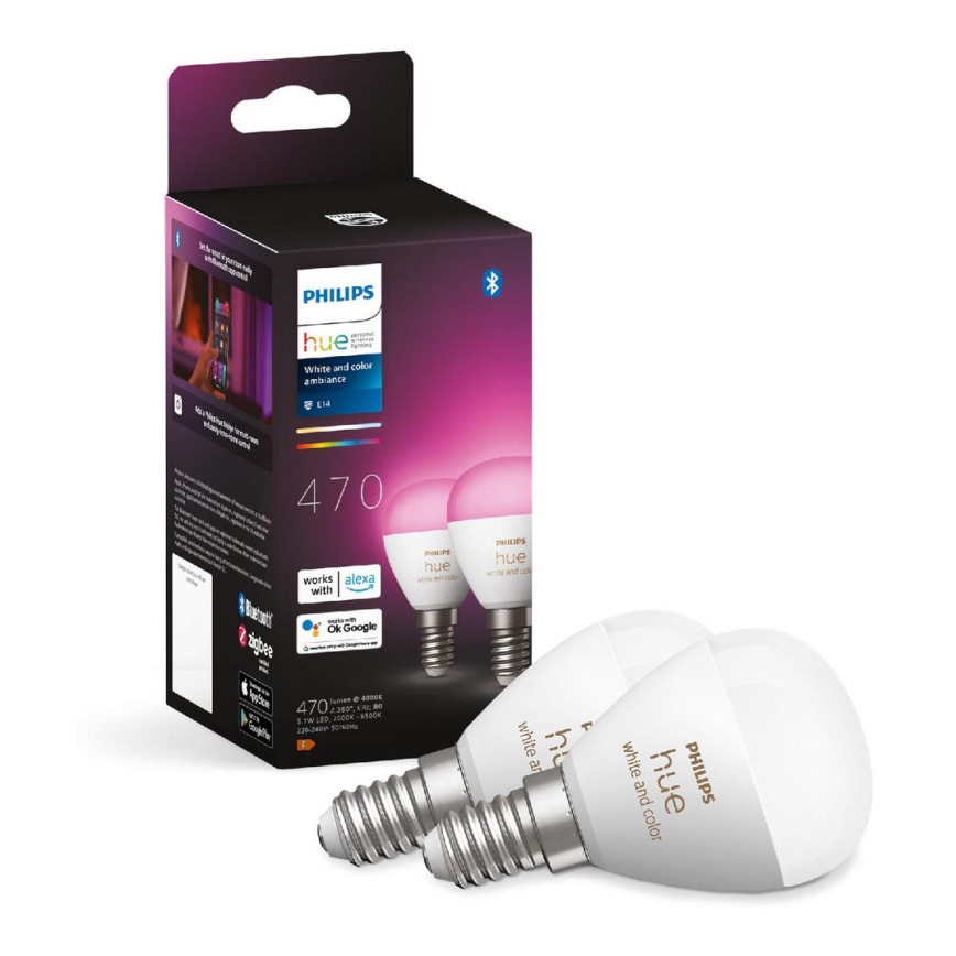 KOMPLEKTS 2x LED RGBW Aptumšojama spuldze Philips Hue White And Color Ambiance P45 E14/5,1W/230V 2000-6500K