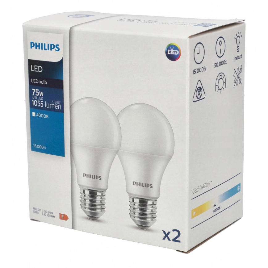 KOMPLEKTS 2x LED Spuldze Philips A60 E27/10W/230V 4000K