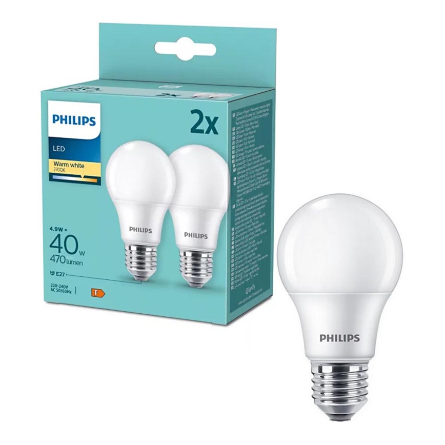 Komplekts 2x LED spuldze Philips A60 E27/4,9W/230V 2700K