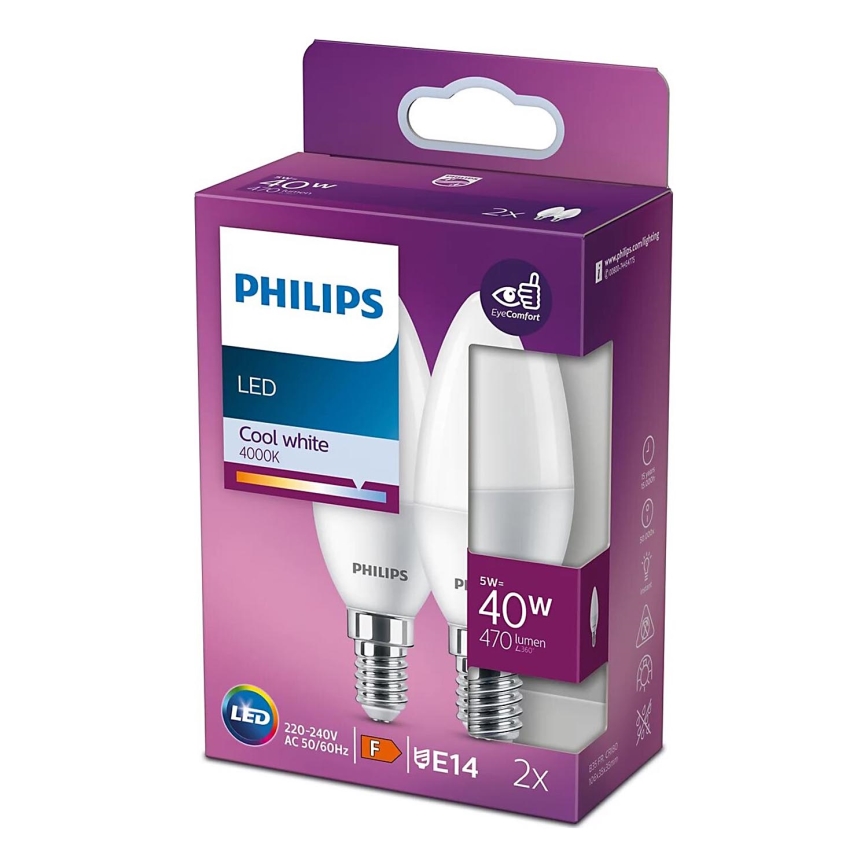 KOMPLEKTS 2x LED Spuldze Philips B35 E14/5W/230V 4000K