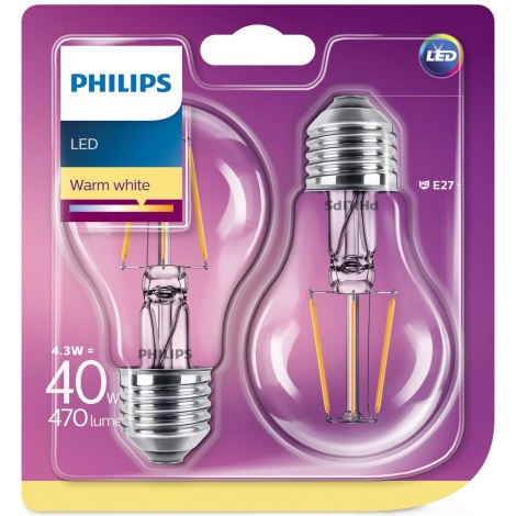 KOMPLEKTS 2x LED spuldze Philips E27/4,3W/230V 2700K