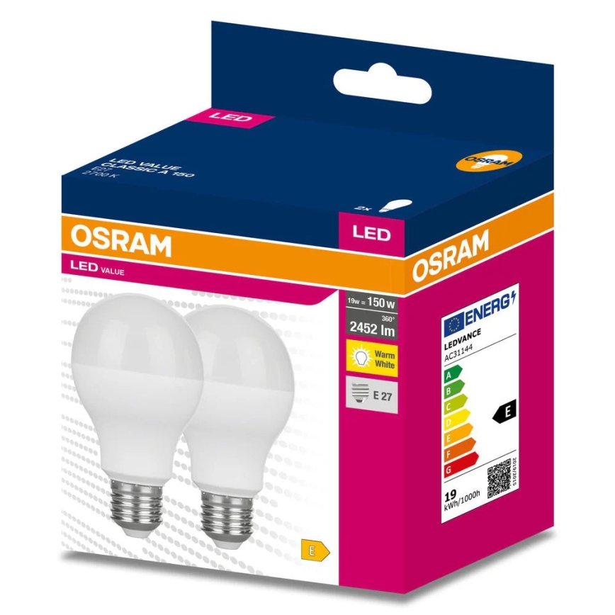 Komplekts 2x LED spuldzes VALUE CLASSIC E27/19W/230V 2700K - Osram