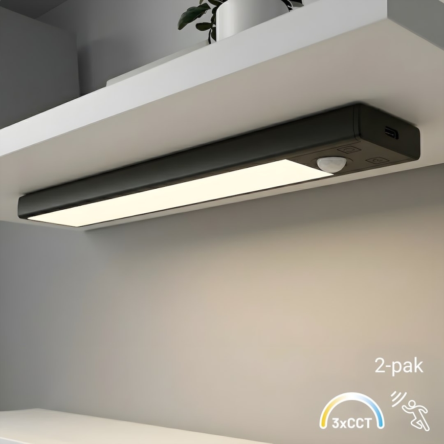 Komplekts 2x uzlādējami LED mēbeļu gaismekļi ar kustības un krēslas sensoru VIRO LED/1W/3,7V 800 mAh 3000/4000/6500K 20 cm melni