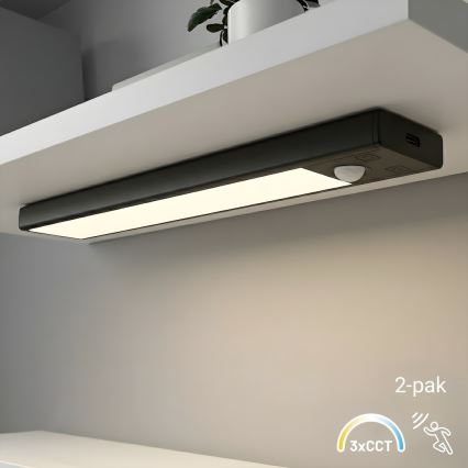 Komplekts 2x LED uzlādējami mēbeļu gaismekļi ar kustības un krēslas sensoriem VIRO LED/1W/3,7V 800 mAh 3000/4000/6500K 20 cm melni