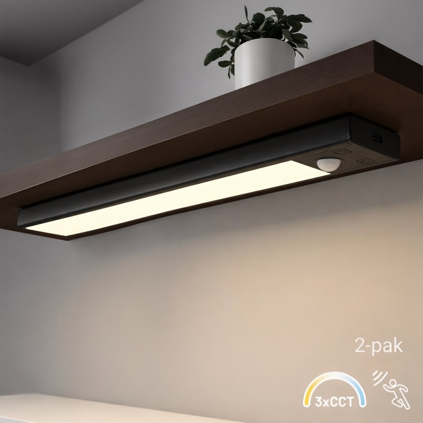Komplekts 2x LED uzlādējams mēbeļu apgaismojums ar kustības un krēslas sensoru VIRO LED/1,2W/3,7V 800 mAh 3000/4000/6500K 30 cm melns