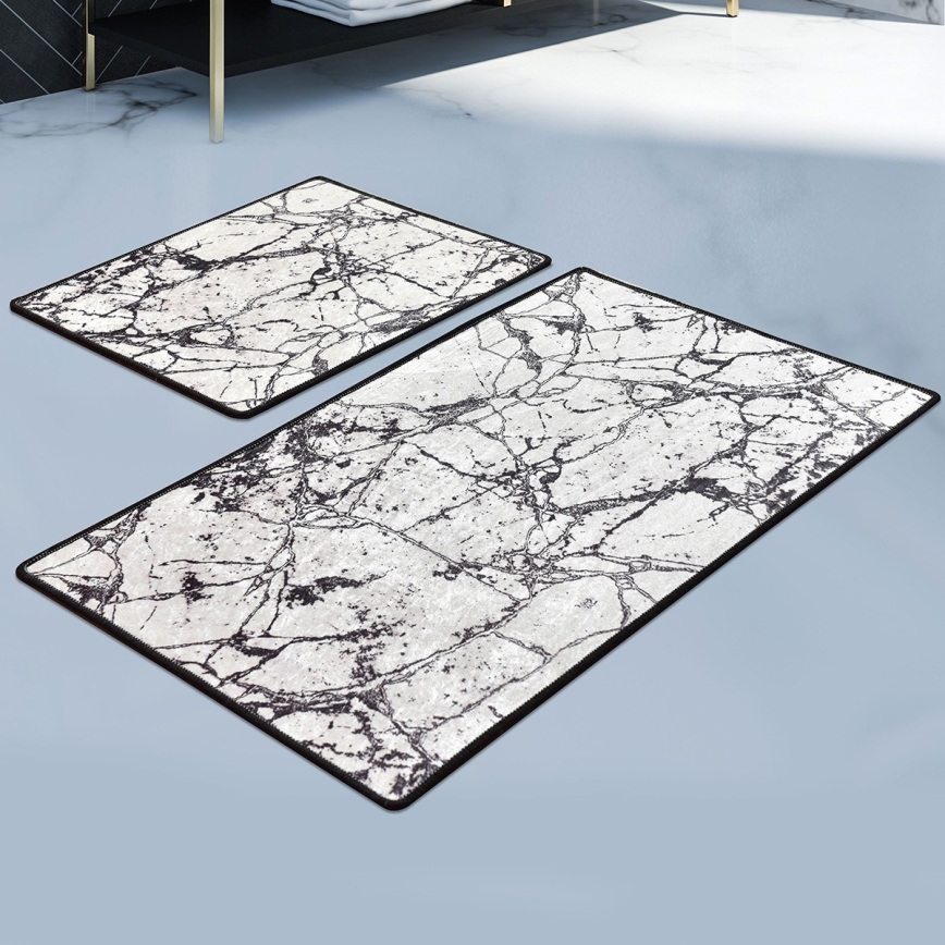 KOMPLEKTS 2x Vannas istabas paklājs MARBLE 60/100 cm balta/melna
