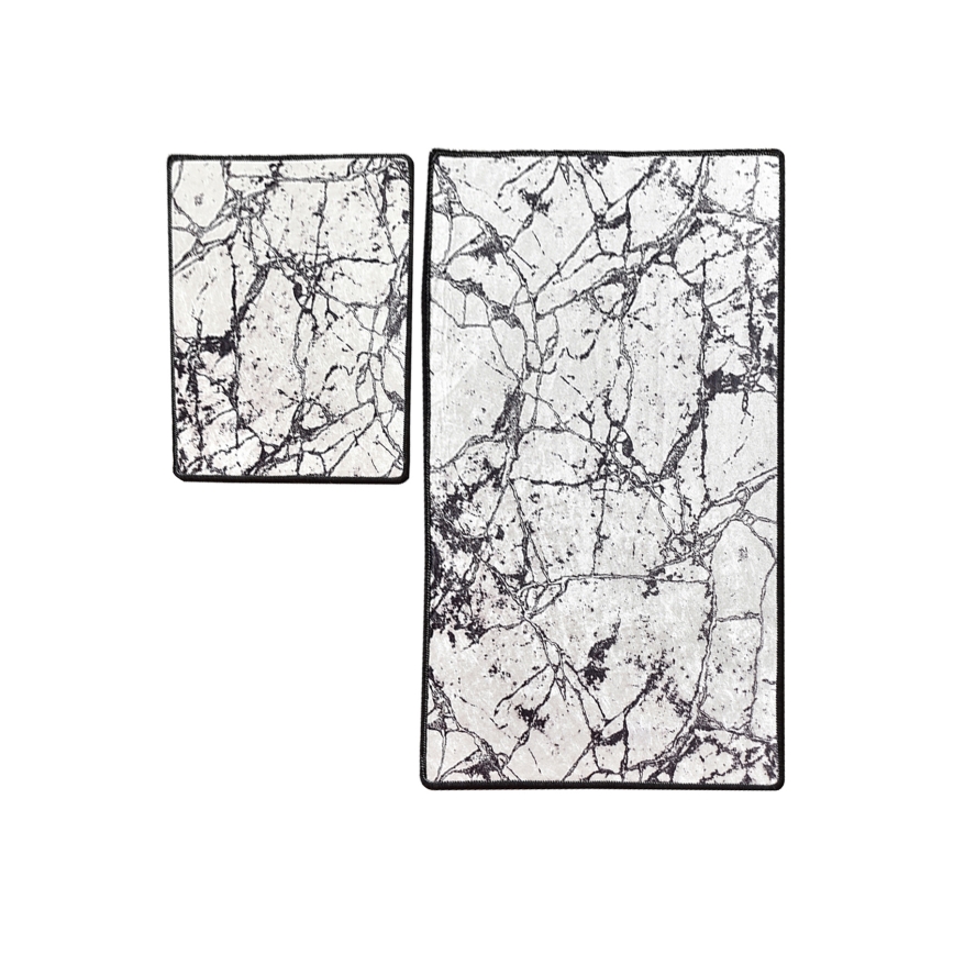 KOMPLEKTS 2x Vannas istabas paklājs MARBLE 60/100 cm balta/melna