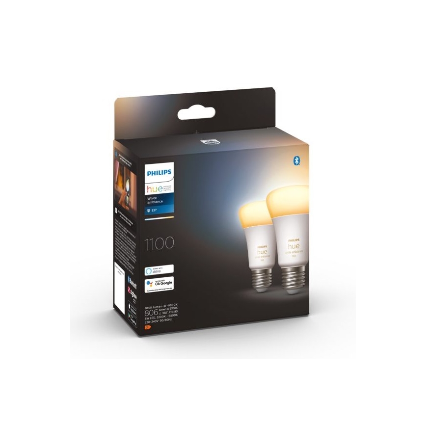 KOMPLEKTS 2xLED Aptumšojama spuldze Philips Hue WHITE AMBIANCE E27/8W/230V 2200-6500K