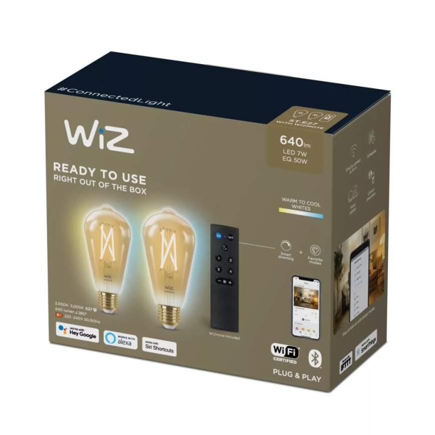 KOMPLEKTS 2x LED Aptumšojama spuldze ST64 E27/7W/230V 2000-5000K CRI 90 Wi-Fi + tālvadības pults - WiZ
