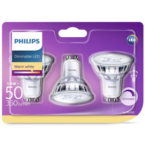 KOMPLEKTS 3x Aptumšojama LED spuldze Philips GU10/5W/230V 2700K
