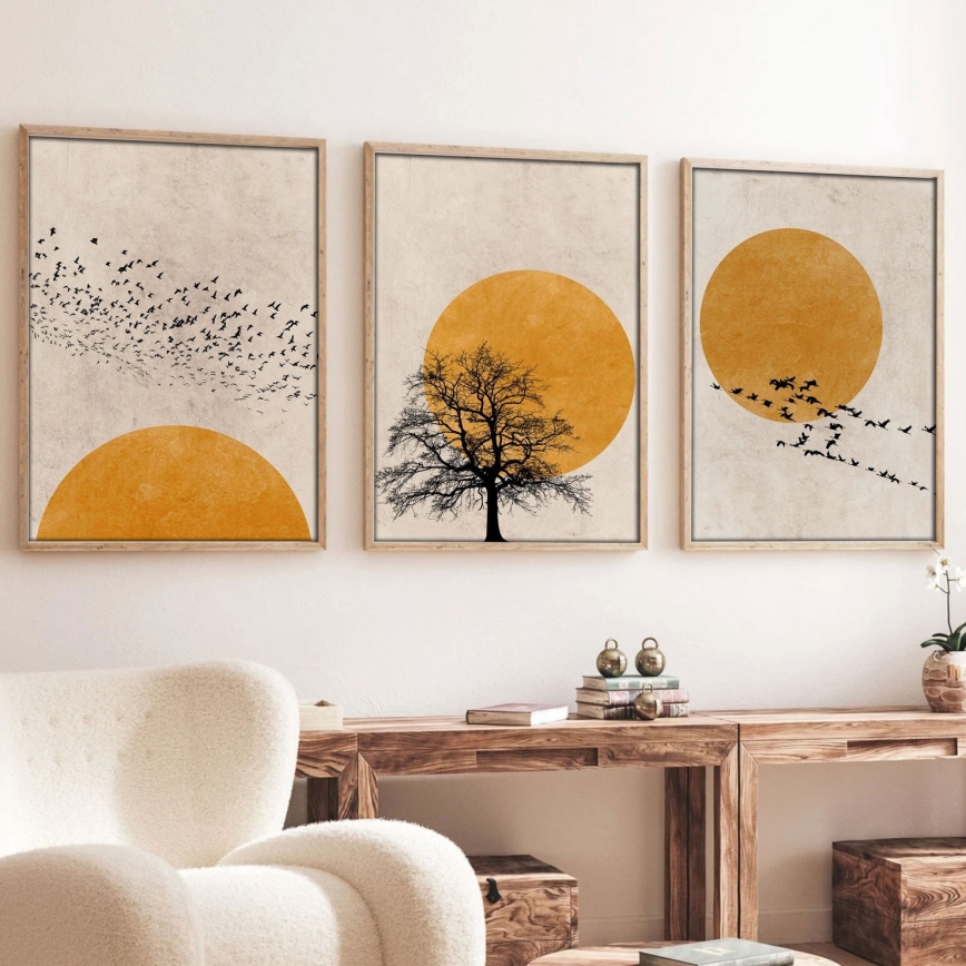 Komplekts 3x attēli fotorāmjos 50x70 cm, bēšs/oranžs